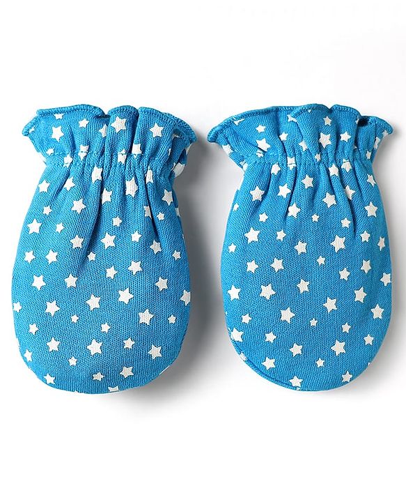 Babyhug 100% Cotton Interlock Knit Mittens With Stripes & Animal Print Pack Of 3 - Blue yellow & Light Blue