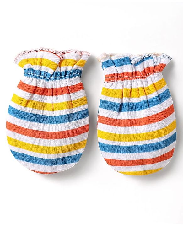 Babyhug 100% Cotton Interlock Knit Mittens With Stripes & Animal Print Pack Of 3 - Blue yellow & Light Blue