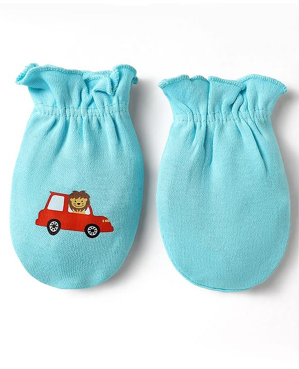 Babyhug 100% Cotton Interlock Knit Mittens With Stripes & Animal Print Pack Of 3 - Blue yellow & Light Blue