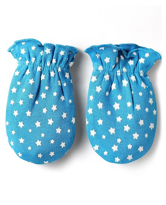 Babyhug 100% Cotton Interlock Knit Mittens With Stripes & Animal Print Pack Of 3 - Blue yellow & Light Blue