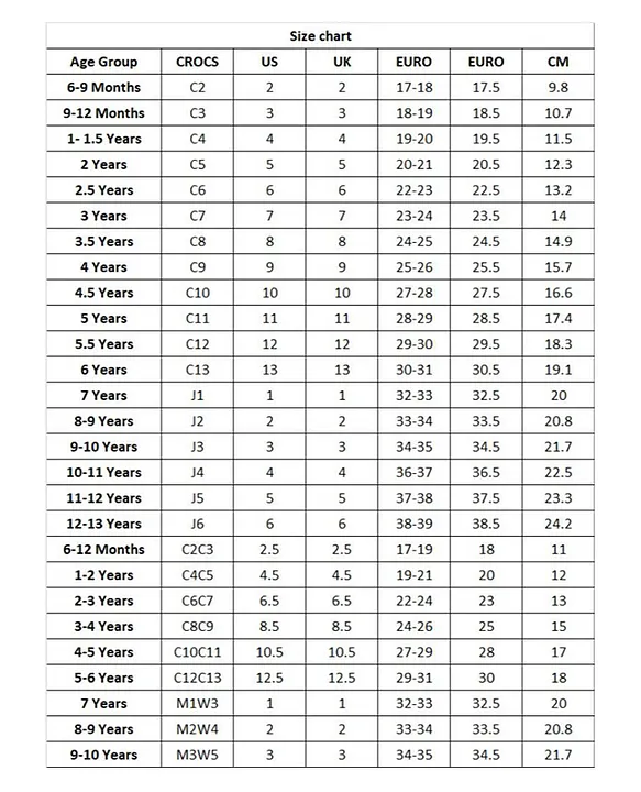 Crocs bayaband size chart hot sale