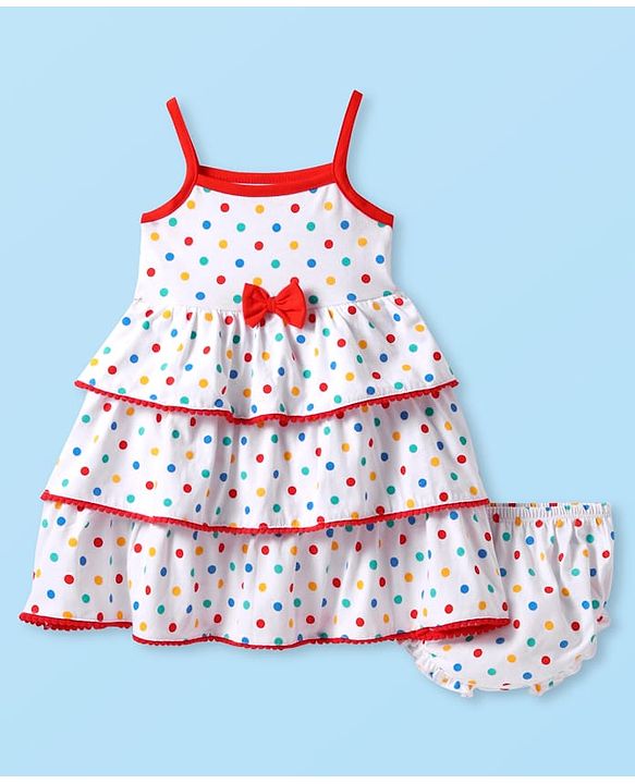 Babyhug Cotton Knit Singlet Sleeves Dress With Bow Polka Dot Print & Bloomer - White