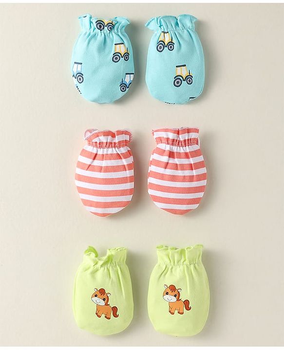 Babyhug 100% Cotton Interlock Knit Mittens With Stripes & Animal Print Pack Of 3 - Yellow Light Blue & Light Green