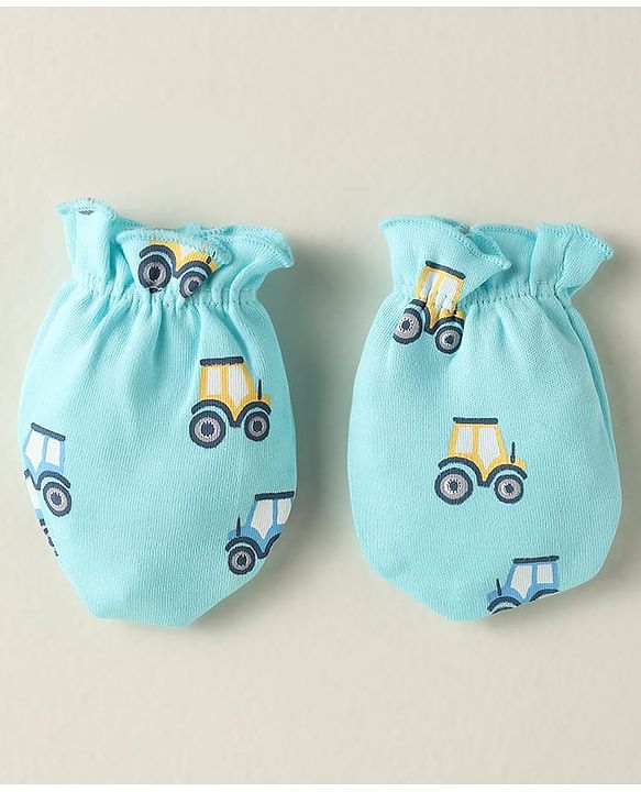 Babyhug 100% Cotton Interlock Knit Mittens With Stripes & Animal Print Pack Of 3 - Yellow Light Blue & Light Green