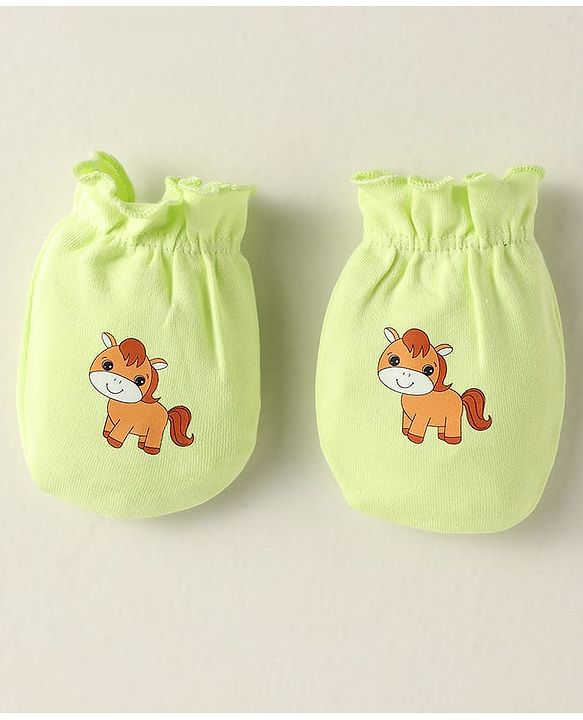 Babyhug 100% Cotton Interlock Knit Mittens With Stripes & Animal Print Pack Of 3 - Yellow Light Blue & Light Green