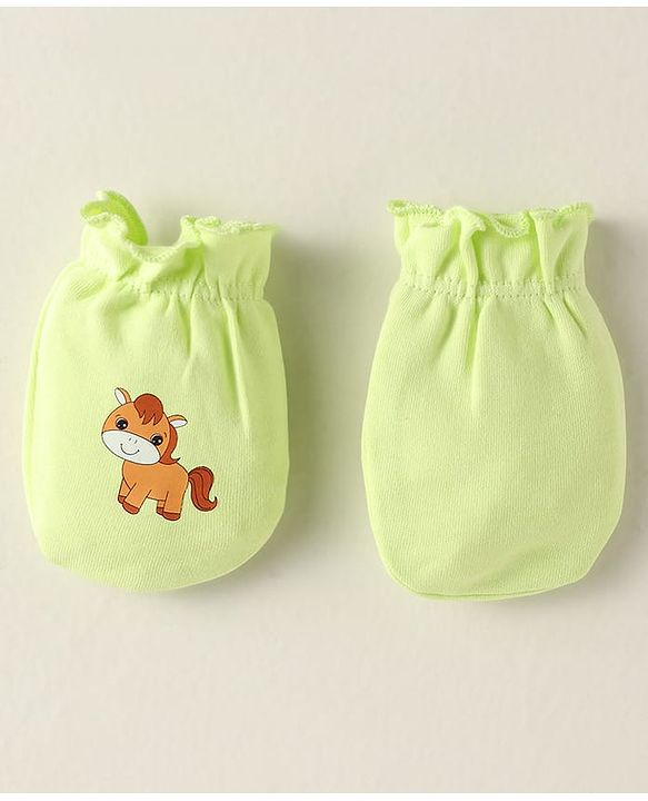 Babyhug 100% Cotton Interlock Knit Mittens With Stripes & Animal Print Pack Of 3 - Yellow Light Blue & Light Green
