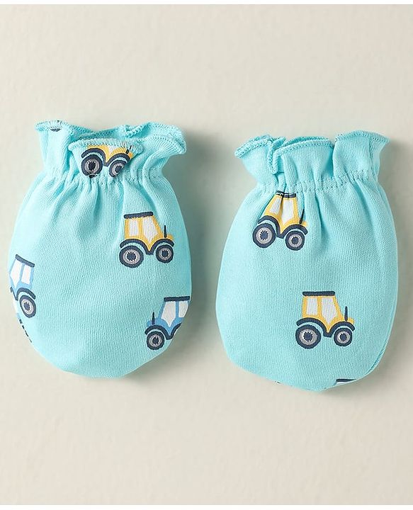 Babyhug 100% Cotton Interlock Knit Mittens With Stripes & Animal Print Pack Of 3 - Yellow Light Blue & Light Green