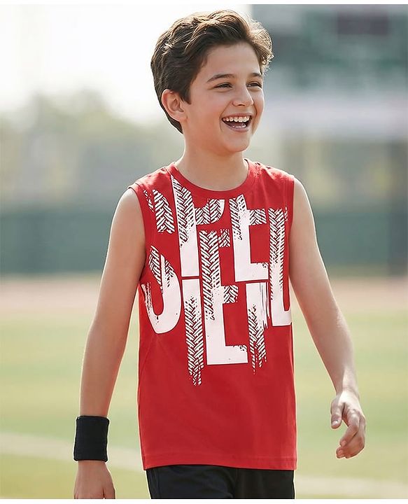 Pine Kids Cotton Knit Sleeveless Tank T-Shirt with Text Print - Red