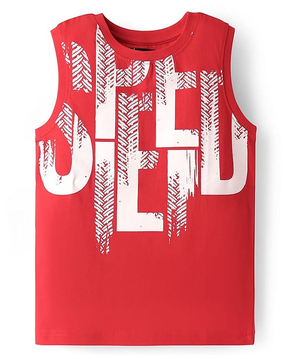 Pine Kids Cotton Knit Sleeveless Tank T-Shirt with Text Print - Red