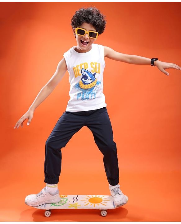 Pine Kids Cotton Knit Sleeveless T-Shirt with Text Print - White