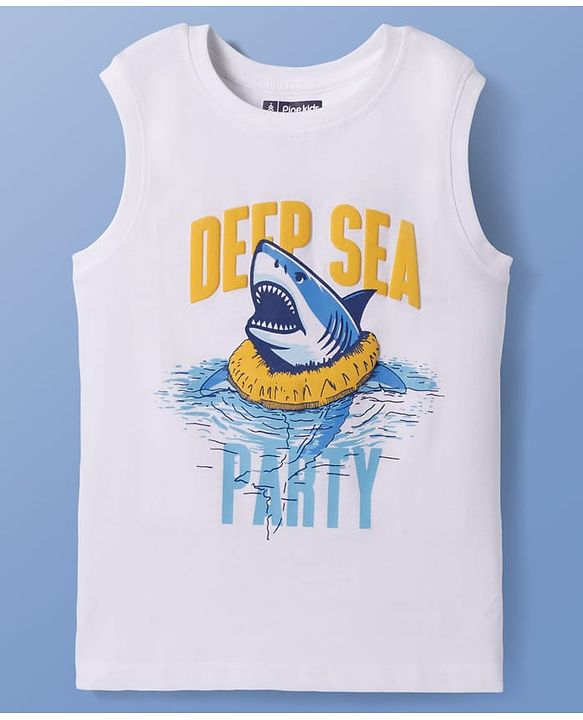 Pine Kids Cotton Knit Sleeveless T-Shirt with Text Print - White