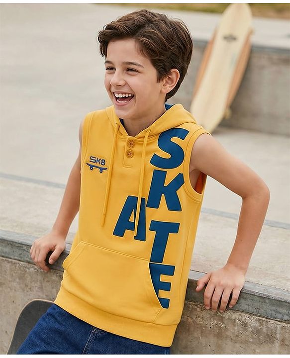 Pine Kids Cotton Knit Sleeves Hooded T-Shirt with Text Patch Detailing & Kangaroo Pocket - Yellow