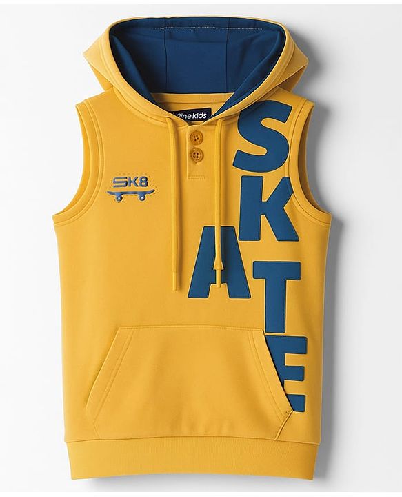Pine Kids Cotton Knit Sleeves Hooded T-Shirt with Text Patch Detailing & Kangaroo Pocket - Yellow