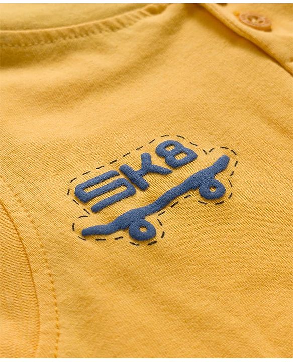 Pine Kids Cotton Knit Sleeves Hooded T-Shirt with Text Patch Detailing & Kangaroo Pocket - Yellow