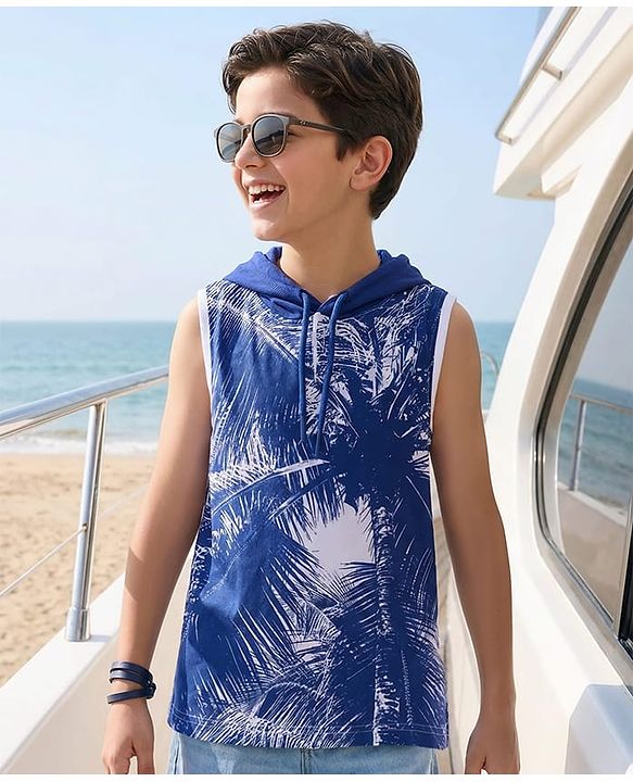 Pine Kids Cotton Knit Sleeves Hooded T-Shirt with Coconut Tree Print - White