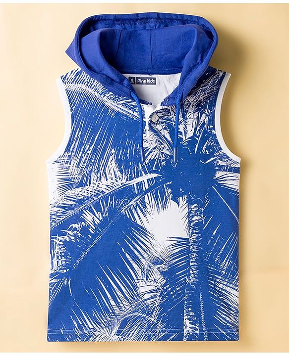 Pine Kids Cotton Knit Sleeves Hooded T-Shirt with Coconut Tree Print - White