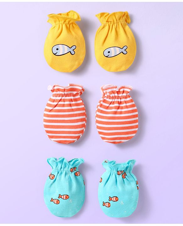 Babyhug 100% Cotton Interlock Knit Mittens With Fish & Stripes Print Pack Of 3 - Yellow Orange & Light Blue