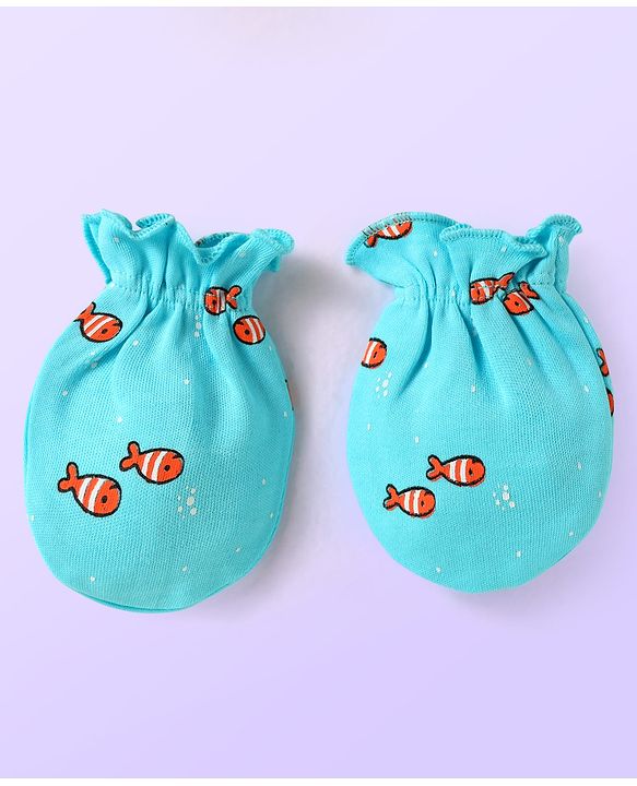 Babyhug 100% Cotton Interlock Knit Mittens With Fish & Stripes Print Pack Of 3 - Yellow Orange & Light Blue