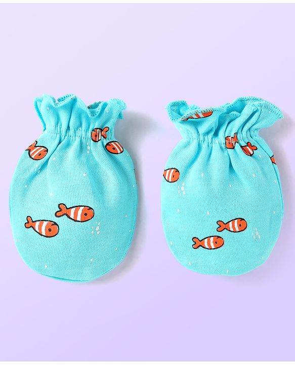 Babyhug 100% Cotton Interlock Knit Mittens With Fish & Stripes Print Pack Of 3 - Yellow Orange & Light Blue