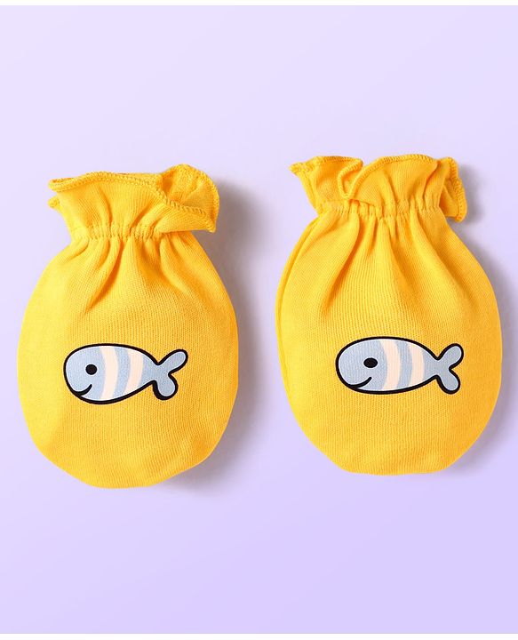 Babyhug 100% Cotton Interlock Knit Mittens With Fish & Stripes Print Pack Of 3 - Yellow Orange & Light Blue