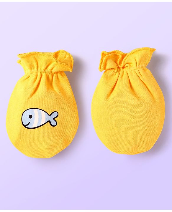 Babyhug 100% Cotton Interlock Knit Mittens With Fish & Stripes Print Pack Of 3 - Yellow Orange & Light Blue