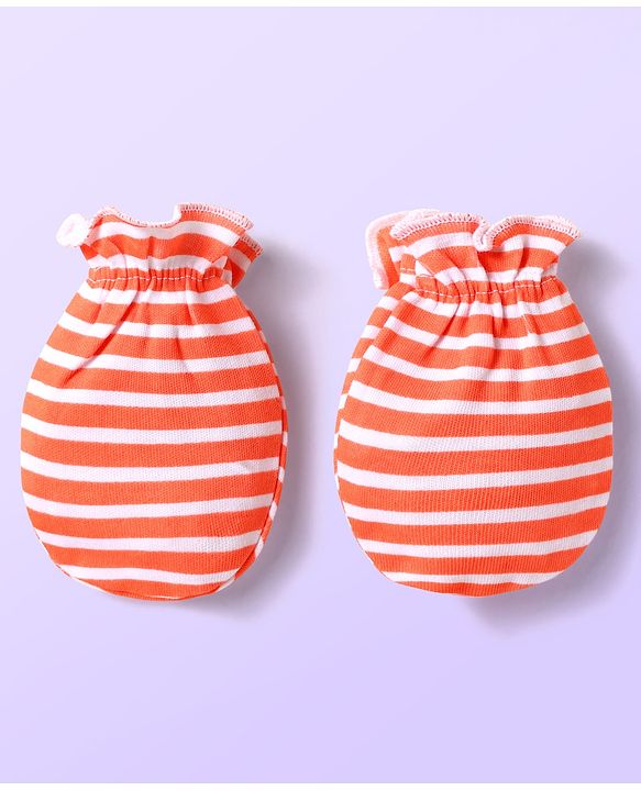 Babyhug 100% Cotton Interlock Knit Mittens With Fish & Stripes Print Pack Of 3 - Yellow Orange & Light Blue