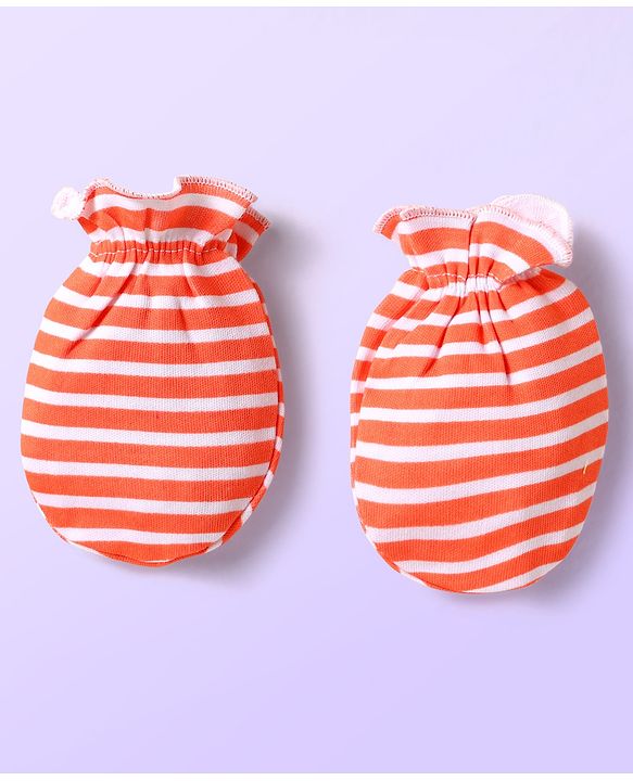 Babyhug 100% Cotton Interlock Knit Mittens With Fish & Stripes Print Pack Of 3 - Yellow Orange & Light Blue