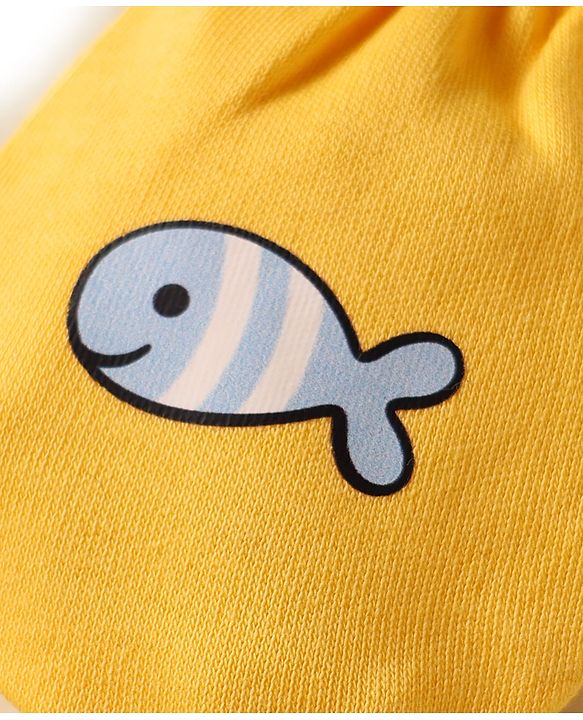 Babyhug 100% Cotton Interlock Knit Mittens With Fish & Stripes Print Pack Of 3 - Yellow Orange & Light Blue