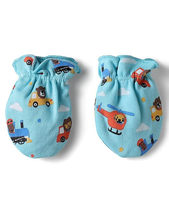 Babyhug 100% Cotton Mittens With Vehicles Text Print & Stripes Pack of 3 - Light Blue Red & Yellow