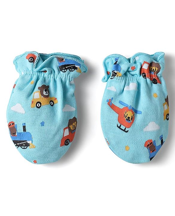 Babyhug 100% Cotton Mittens With Vehicles Text Print & Stripes Pack of 3 - Light Blue Red & Yellow