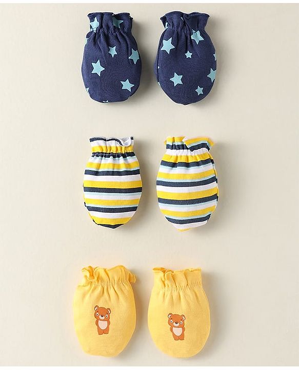 Babyhug 100% Cotton Interlock Knit Mittens With Stripes & Star Print Pack Of 3 - Navy Blue & Yellow