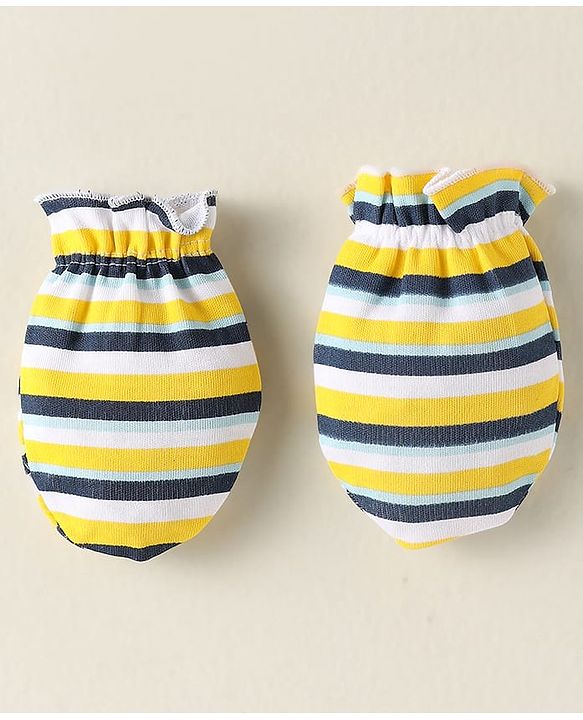 Babyhug 100% Cotton Interlock Knit Mittens With Stripes & Star Print Pack Of 3 - Navy Blue & Yellow