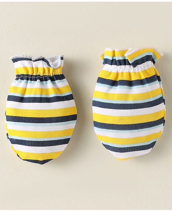 Babyhug 100% Cotton Interlock Knit Mittens With Stripes & Star Print Pack Of 3 - Navy Blue & Yellow