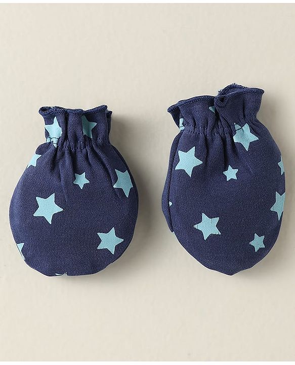 Babyhug 100% Cotton Interlock Knit Mittens With Stripes & Star Print Pack Of 3 - Navy Blue & Yellow