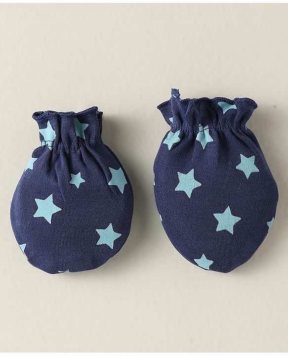 Babyhug 100% Cotton Interlock Knit Mittens With Stripes & Star Print Pack Of 3 - Navy Blue & Yellow