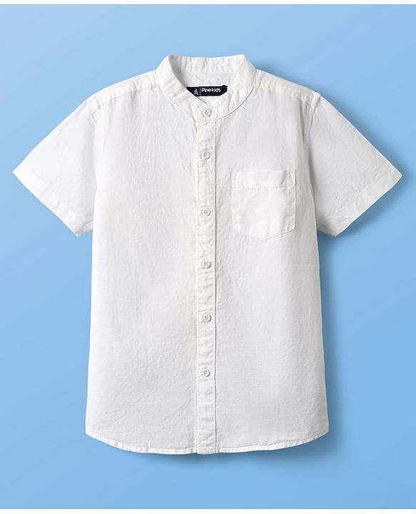 Pine Kids Linen Woven With Mandarin Collar - White