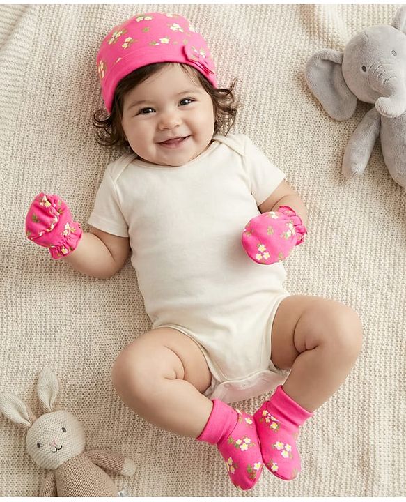 Babyhug 100% Cotton Interlock Knit Cap Mittens & Booties With Floral Print - Pink