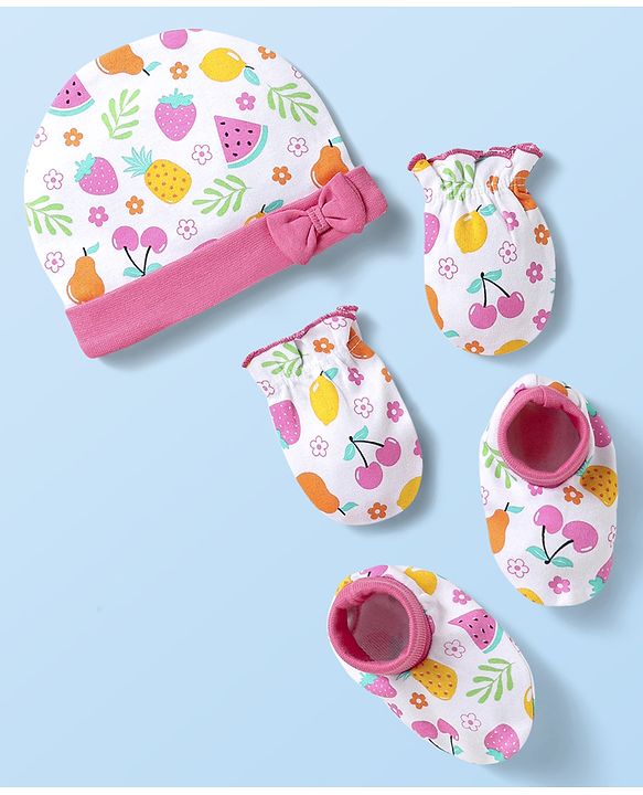 Babyhug 100% Cotton Knit Cap Mittens & Booties With Floral & Fruit Print & Bow Applique White - Diameter 10 Cm