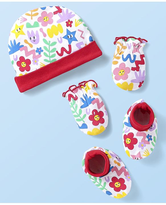 Babyhug 100% Cotton Knit Cap Mittens & Booties With Floral Print White - Diameter 10cm