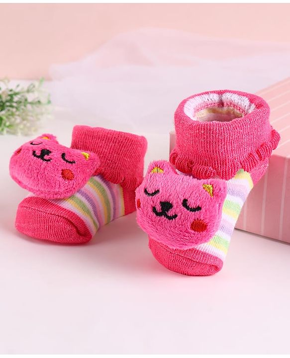 Cute Walk by Babyhug Sock Shoes with Bear Applique - Dark Pink