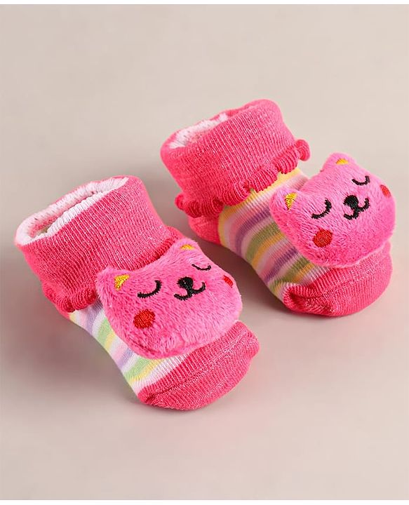 Cute Walk by Babyhug Sock Shoes with Bear Applique - Dark Pink