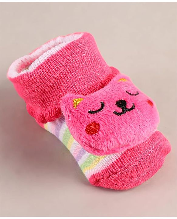 Cute Walk by Babyhug Sock Shoes with Bear Applique - Dark Pink