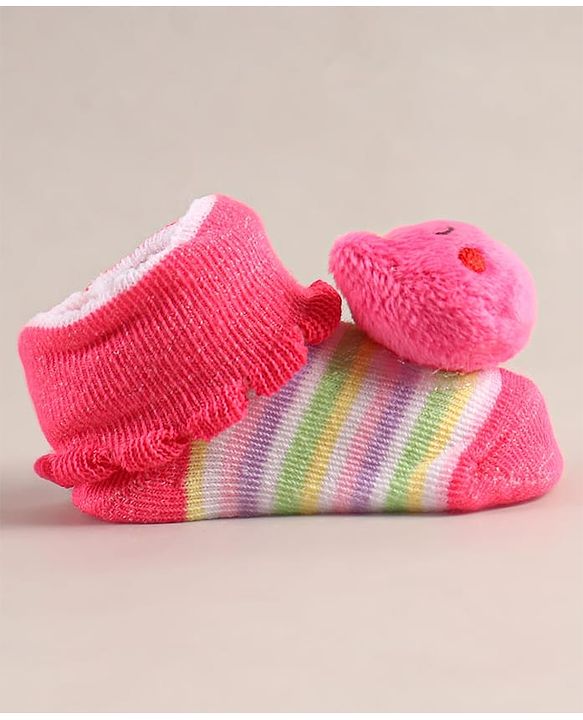 Cute Walk by Babyhug Sock Shoes with Bear Applique - Dark Pink