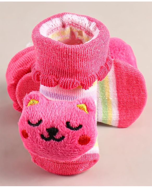 Cute Walk by Babyhug Sock Shoes with Bear Applique - Dark Pink