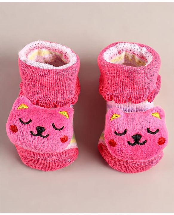 Cute Walk by Babyhug Sock Shoes with Bear Applique - Dark Pink