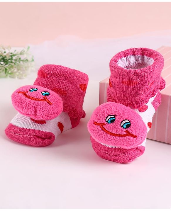 Cute Walk by Babyhug Sock Shoes with Smiley Applique - Dark Pink