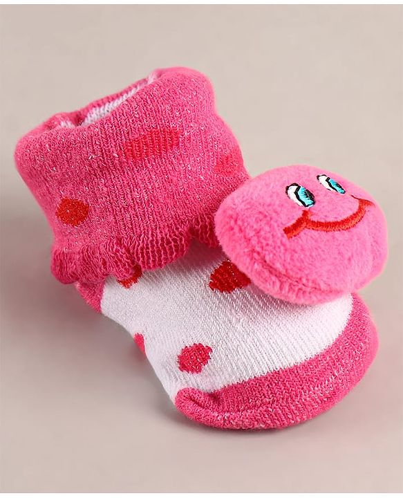Cute Walk by Babyhug Sock Shoes with Smiley Applique - Dark Pink