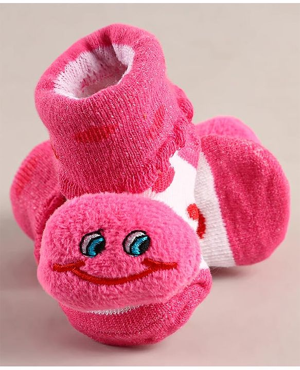 Cute Walk by Babyhug Sock Shoes with Smiley Applique - Dark Pink