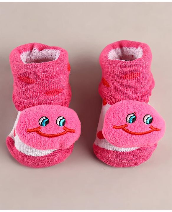 Cute Walk by Babyhug Sock Shoes with Smiley Applique - Dark Pink