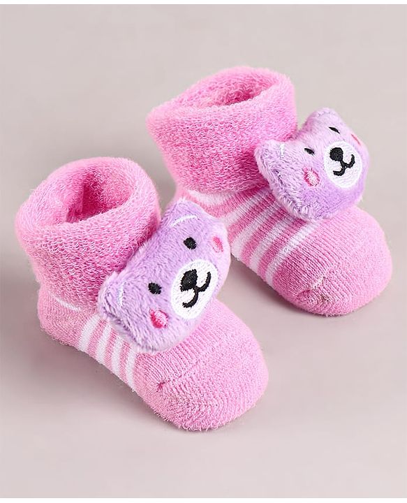 Cute Walk by Babyhug Sock Shoes with Bear Applique - Pink
